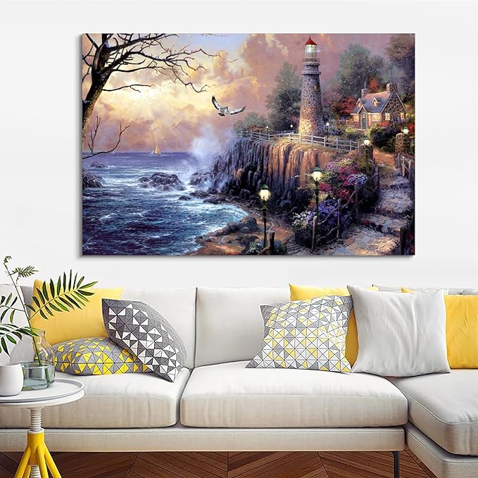 STUDIO HAVEN Thomas Kinkade Canvas Wall Art, Coastal Lighthouse Cottage Ocean Waves Glowing Beacon Seside Pathway Oil Painting Poster Landscape Wall Decor, Framed Prints for Home Decor, 16x12Inch