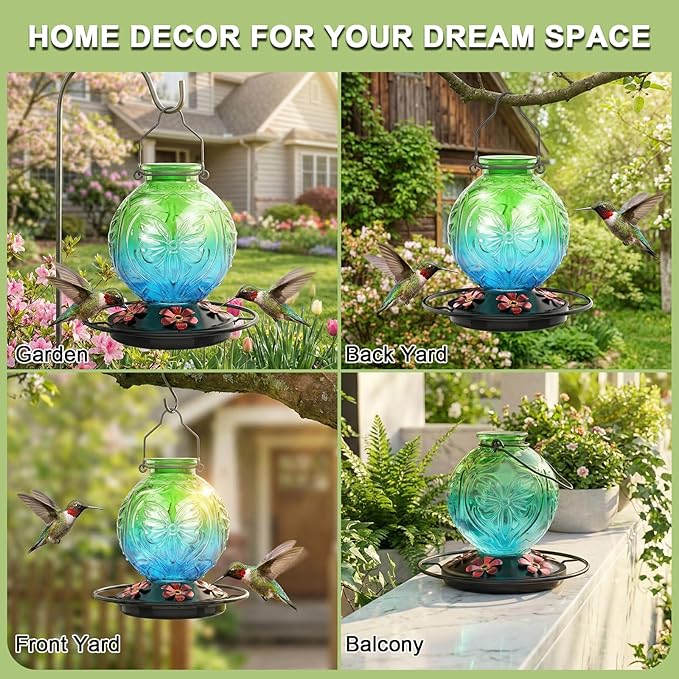 Glass Hummingbird Feeder for Outdoors Hanging, 25Oz Humming Bird Nectar Feeders with Perch & 5 Flower Feeding Ports, Leak Proof for Outside Garden Decor, Gifts for Women (Green & Blue)