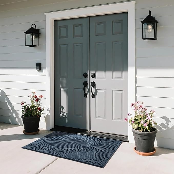 Yimobra Doormat Indoor Outdoor Entrance, Simple Stripes, All-Weather Waterproof & Non-Slip Mat for Front Door, Heavy Duty Polyester Welcome Mat for Garage, Patio-47x32，Blue