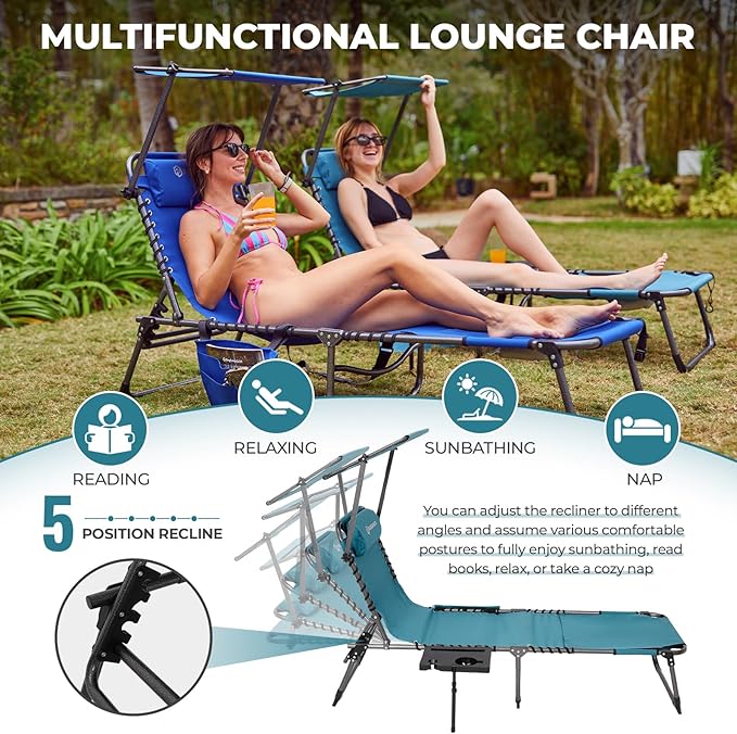 FUNDANGO 4 in 1 Tanning Chair with Face Hole, Beach Lounge Chair w/Canopy Shade & Side Table Chaise Lounge Chairs for Patio, Pool, Lawn, Sunbathing, 5-Position Adjustable Sun Lounger, Cyan