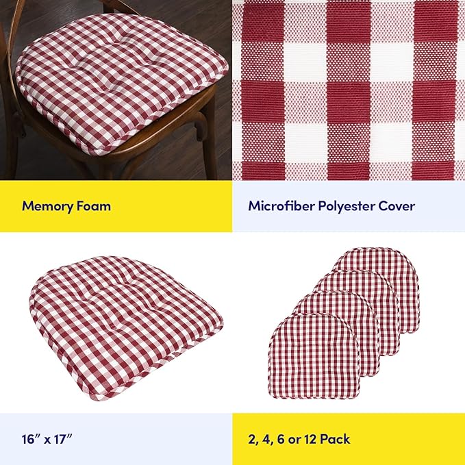 Sweet Home Collection Chair Cushion Memory Foam Pads Tufted Slip Non Skid Rubber Back U-Shaped 17" x 16" Seat Cover, 6 Pack, Checkered Wine/White