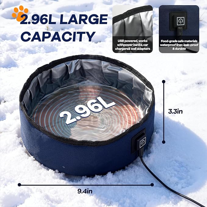 Heated Water Bowl for Dogs Winter Outdoor - 3L Foldable Travel Pet Bowl Keeps Water Unfrozen for Dogs Cats Chickens, USB Adjustable 113-149°F, Leakproof Portable Anti-Chew