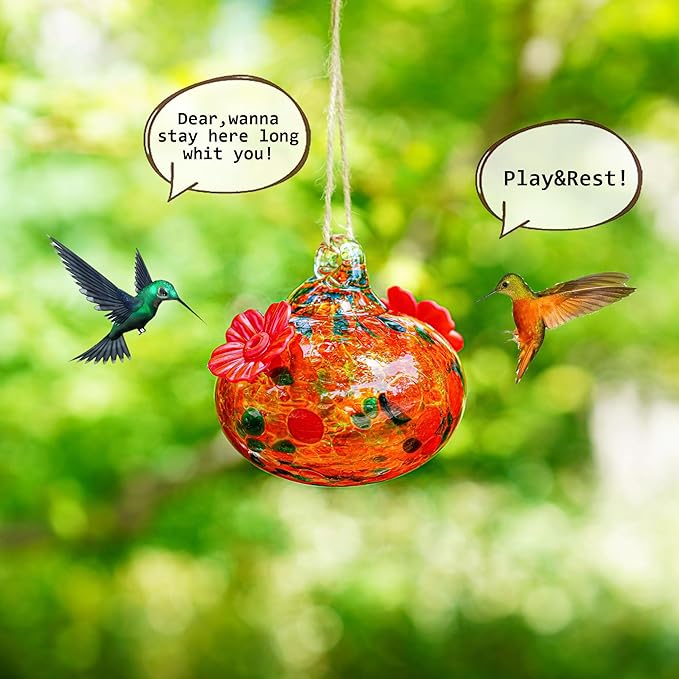 3in Small Colorful Hummingbird Feeder Glass for Outdoors Window Hanging Blown Glass Hummingbirds Feeders for Outside with 2 Feeding Ports Ant and Bee Resistant Humming Birds Feeder Gifts for Women