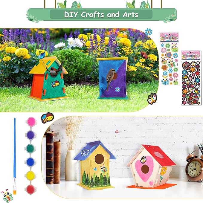 24 Pack Large DIY Bird Houses Kits for Kids, Kids Craft Kits Wood Houses for DIY Crafts Class Parties, 24 Birdhouse Kits with 24 Paint Strips & Paintbrushes & Stickers for Children to Build & Paint…