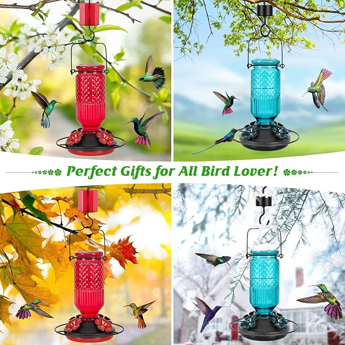FEED GARDEN Glass Hummingbird Feeder for Outdoors Hanging, 16 OZ Humming Bird Feeders with 4 Bee Guard Feeding Ports & Built-in Ant Moat, Hummingbird Gifts for Mom Bird Feeder for Outside, Red,2 Pack