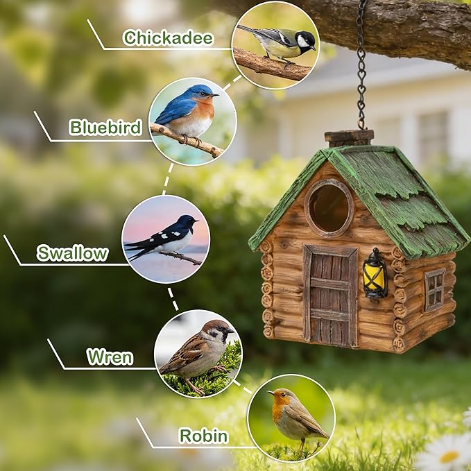 Attivolife Bird Houses for Outside, Wood Bird Nesting Boxes Resin with Hanging Chain, Birdhouses Waterproof Outdoor Decor Bluebird Finches Cardinals for Garden Yard Patio, Birdman Family Friend Gifts