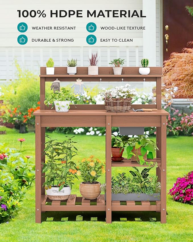 SERWALL Outdoor Potting Bench with Removeable Sink,Rot-Resistant HDPE Potting Table for Outside Gardening, All Weather Use - Brown