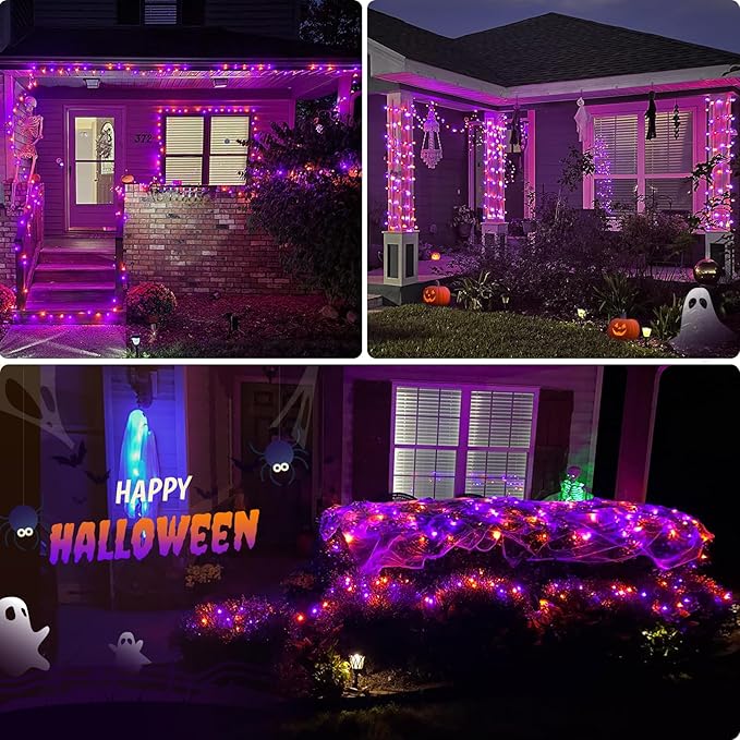 JMEXSUSS 2 Pack Orange and Purple Battery Operated Halloween String Lights Outdoor Warterproof Total 200LED 8 Modes Battery Powered Rope Lights Outdoor with Remote for Halloween Decor