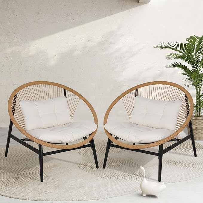 Grand patio Oversized Outdoor Chairs Set of 2, Wicker Patio Chairs with Beige Cushion, Outdoor Furniture Set for Porch Balcony Deck Garden