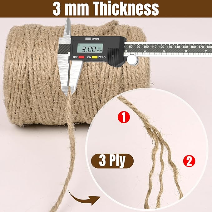 Jute Twine 3mm 656 Feet Long Natural Jute Twine String for Garden, Crafts, Plant Tying, Gift Packing, DIY Projects(2Rolls, 328Feet/Roll)