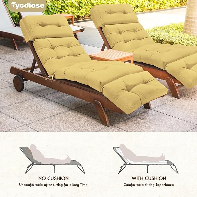 Outdoor Chaise Lounge Chair Cushion 74.4 x 22 x 4.7 Inches Memory Foam Lounge Chair Cushions Waterproof for Outdoor Furniture with Ties, Thickened Pool Chaise Lounge Chair Cushions, Khaki
