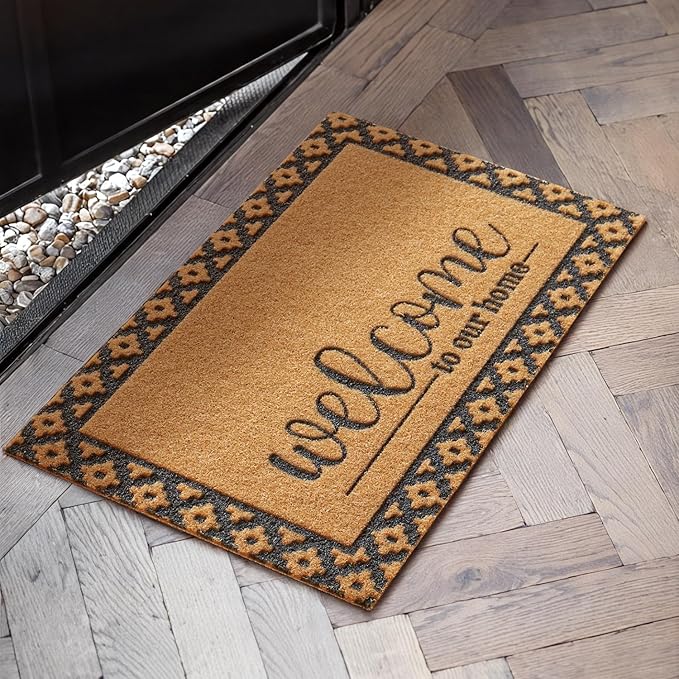 Welcome Mat Front Door Mat Indoor Outside Entrance, Heavy Duty Dirt Trapper Coir Doormat with Non Slip Backing Entryway Rug for Front Back Door, 17x30, Brown