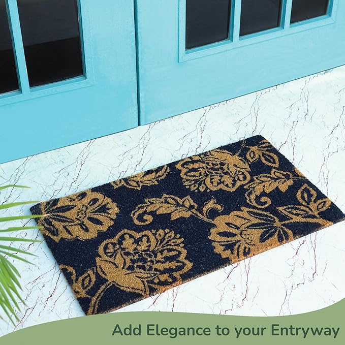 Coir Door Mat, Entryway Floor Mats with Non-Slip PVC Backing, Indoor Outdoor Mat for Front Door Decor, Door Mat, Welcome Mats with Floral Print, Navy Blue, 30"x17"