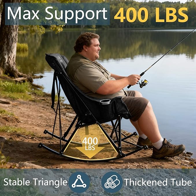 400lbs Rocking Camping Chair, Oversized Heavy Duty XL Folding Rocker for Adults, Padded High Back Big & Tall Support, with Cup Holders & Carry Bag for RV, Lawn, Patio & Sports