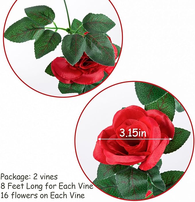 2 Pack (16FT) Artificial Rose Vine Fake Flowers Garland Hanging Silk Rose Ivy Plants Vine for Mother's Day Wedding Arch Party Garden Wall Aesthetic Art Décor (Red)