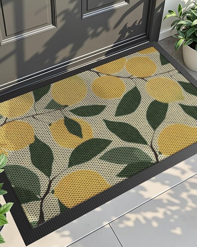 DEXI Front Door Mat Outside Entrance, 17x30 Lemon Welcome Doormat, Non Slip Dirt Resist Heavy Duty Entry Mats for Entryway, Yellow