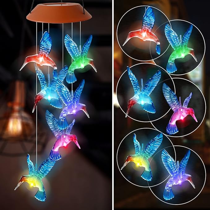 Hummingbird Wind Chimes Outdoor Color Changing Solar Mobile Light Outdoor Decoration Gifts for Grandma Birthday Gifts for Women Garden Memorial Wind Chimes (Blue)