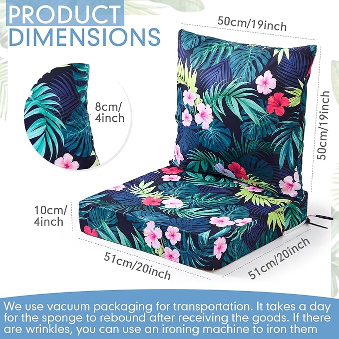 Hoteam 4 Set Outdoor Chair Patio Cushions Deep Seat Waterproof Chair Cushions 20 x 20 Inch for Patio Furniture Set Replacement Removable Seat and Back(Tropical Plant)