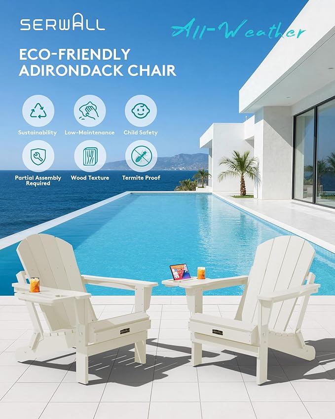 SERWALL Folding Adirondack Chair Set of 4, Outdoor Adirondack Chairs with 4 in 1 Cup Holder, Wood Texture Patio Chairs, Weather Resistant Fire Pit Chairs for Patio Deck Garden, Backyard Deck - White