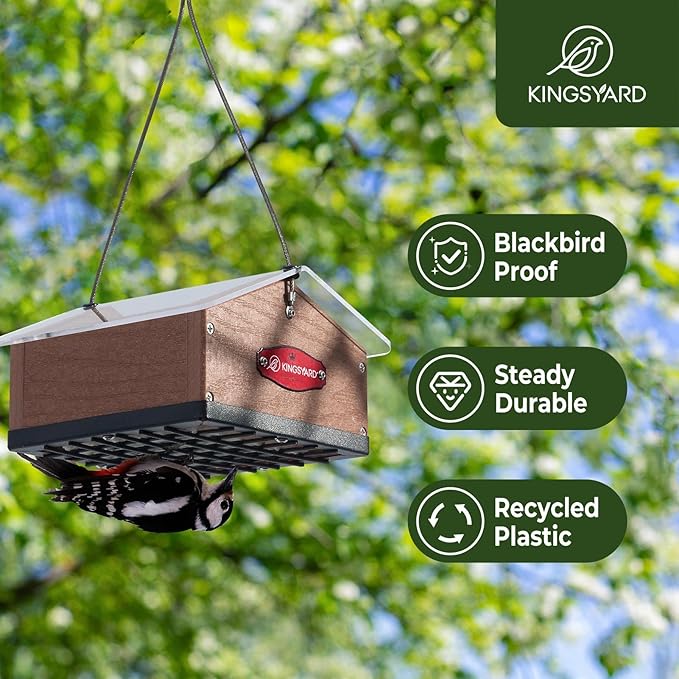 Kingsyard Upgraded Upside Down Double Suet Feeder for Outside Hanging, Squirrel-Proof Metal Edging, Wild Bird Feeder with Metal Weatherproof Roof, Attracting Woodpeckers, Nuthatches, Titmouse