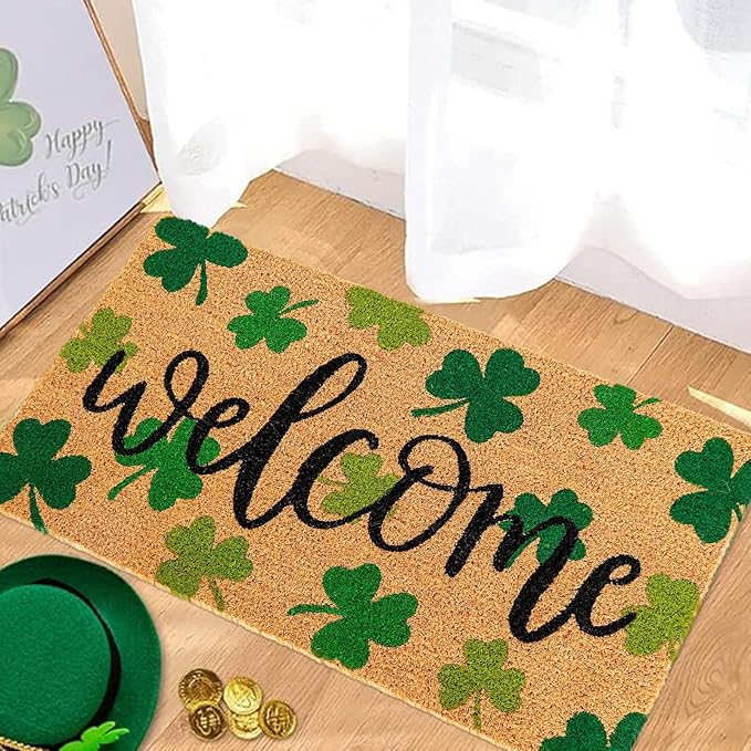 Whaline St. Patrick's Day Natural Coir Door Mat Gradient Green Shamrock Pattern Welcome Mat Non-Slip Lucky Clover Entrance Door Rugs for Indoor Outdoor Home Bathroom Decor, 16.5 x 29 Inch