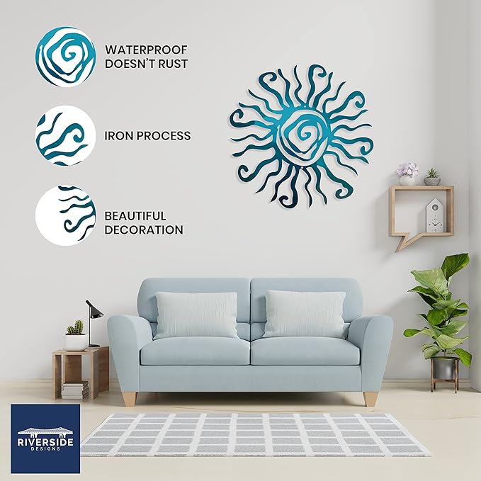 Riverside Designs Wacky Sun Metal Wall Art Indoor/Outdoor Decor - 24" Teal Rust Proof Wall Sculpture - Made in USA - Ideal for Bedroom, Garden, Home, Patio and Farmhouse