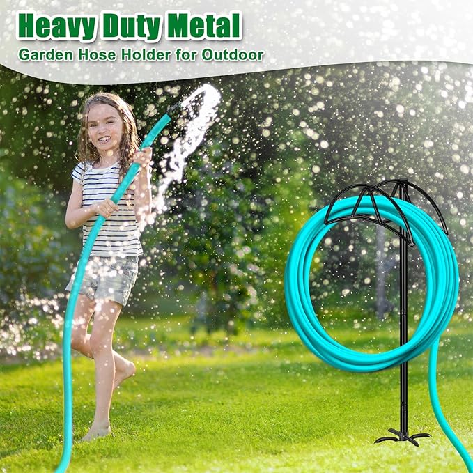 Gtongoko Garden Hose Holder with Upgrade 5 Prongs Base Freestanding Water Hose Holders for Outside Holds 150ft Hose Heavy Duty Metal Hose Hanger Sturdy Detachable Hose Stand Organizer Yard Black