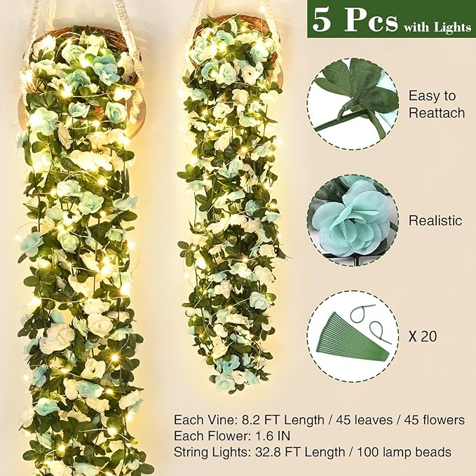 BLEUM CADE 5Pcs 41Ft Flower Garland Artificial Rose Vines with 32.8Ft String Lights, Cute Fake Hanging Flower Vines Floral Garland Decorations for Wedding Party Wall Room Decor Aesthetic