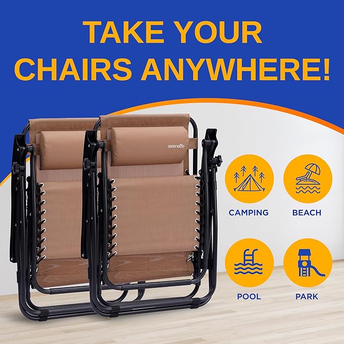 SereneLife Zero Gravity Outdoor Lounge Chairs 2 Pack – Folding Recliners with Side Table, Cup Holder & Padded Headrest – Adjustable Patio Chairs for Lawn, Garden, Deck, Camping (Cream)