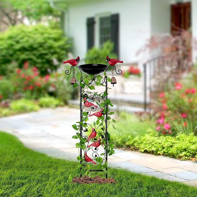 Cardinal Bird Bath Garden Trellis for Climbing Plants Outdoor Wind Chime Decor Red Birds Feeder Yard Sign Spring Lawn Decorations Housewarming Christmas Appear Memorial Gift for Bird Watcher Gardener