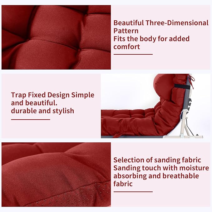 Tudomro 66'' Outdoor Chaise Lounge Cushion Waterproof Patio Lawn Pool Chaise Lounge Cushion with Headrest Pillow & Ties Weather Fade Resistant Replacement Longue Chair Pad