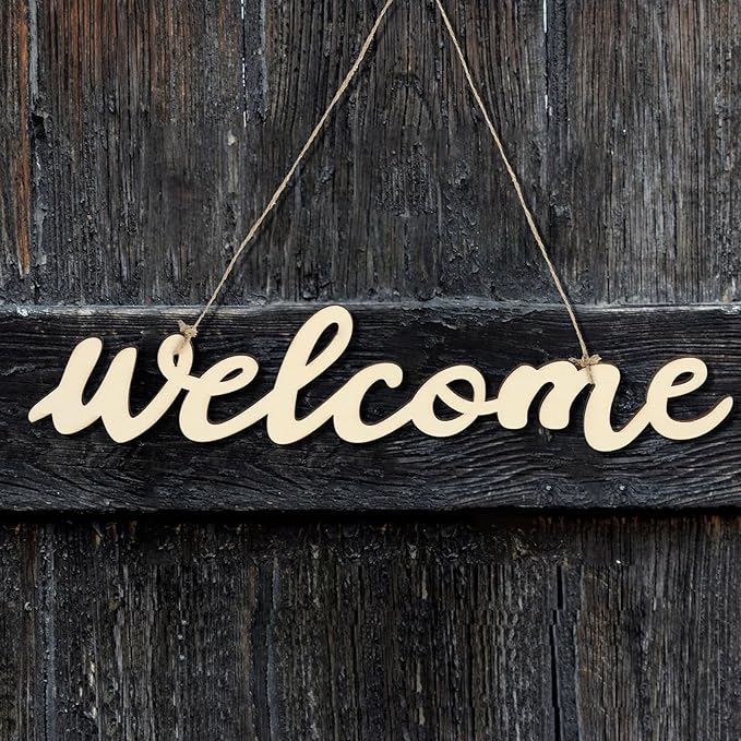 NUOBESTY Wooden Welcome Sign 14.5 Inch Front Door Hanging Plaque with Rope Cursive Wood Letters Home Wall Decor for Porch Entryway Greeting