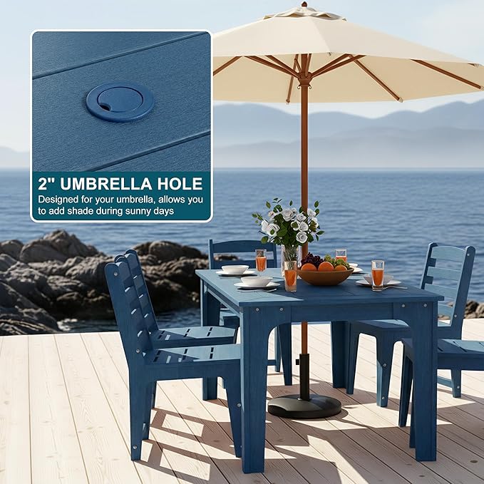 7-Piece HDPE Patio Dining Set, Weather-Resistant Outdoor Table with 2/1.5-Inch Umbrella Hole, Never Sagging One-Piece Tabletop with Metal Support Bars for Poolside Backyard Garden (Blue)
