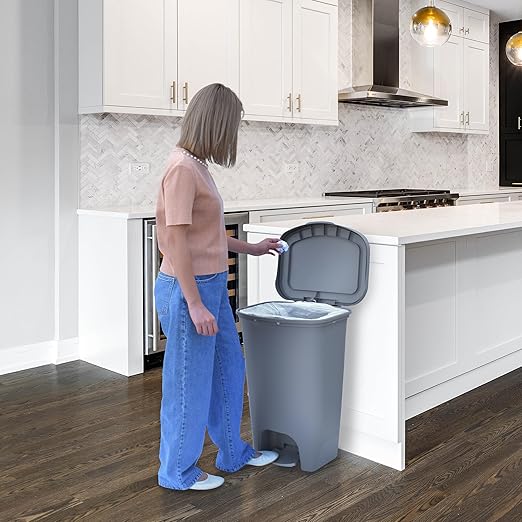 Glad Trash Can | Plastic Kitchen Waste Bin with Odor Protection of Lid | Hands Free with Step On Foot Pedal and Garbage Bag Rings, 13 Gallon, Grey