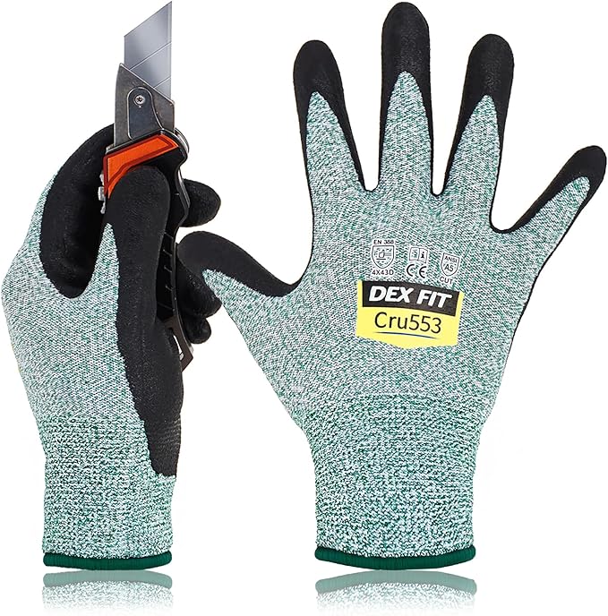 DEX FIT Level 5 Cut Resistant Gloves Cru553, 3D-Comfort Stretchy Fit, Power Grip, Professional Grade, Thin, Touch-Screen Compatible, Durable, Machine Washable; Green M (8) 1 Pair