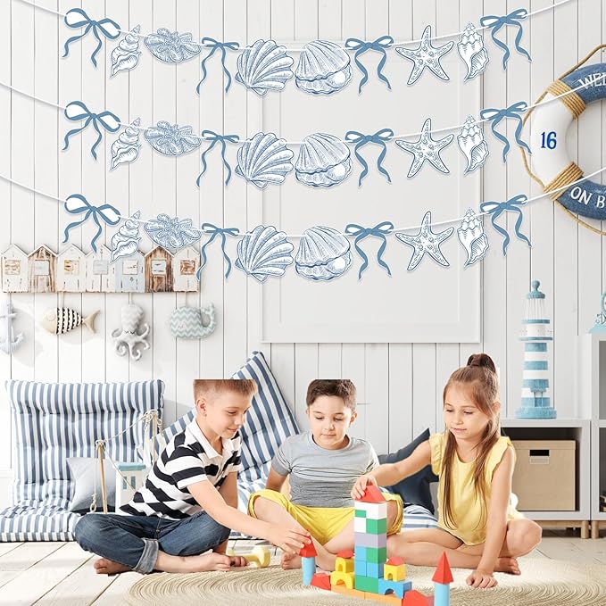 3 PACK Summer Banner Seashells Decor Party Decorations Party Supplies Birthday Decorations Blue Bow Starfish The Sea Summer Birthday Wedding Bachelorette Under Paper Hanging Banner for Baby Showre