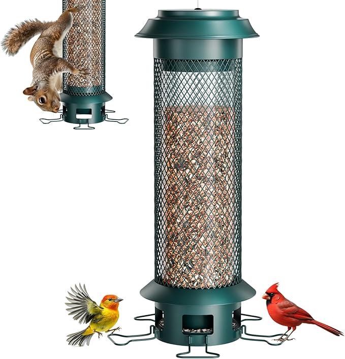Large Squirrel-Proof Bird Feeder with Removable Tray, Weight-Activated Outer Cage, 5 Perches, 4 lb Capacity, Easy to Fill & Spill-Proof, Tube Bird Feeder for Outdoor Cardinals, Finches