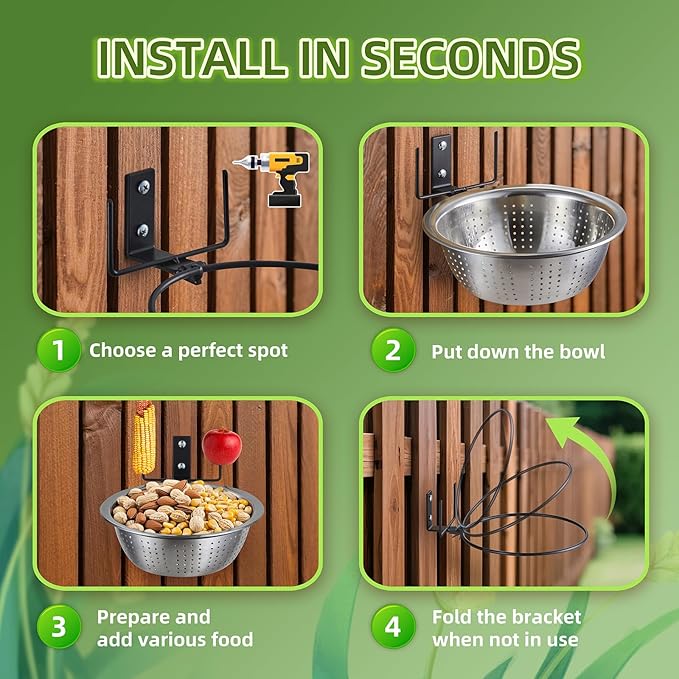 2 Pack Squirrel Feeders Tree/Fence Mounted, 8.5" Removable Colander Bowls (1.4L Each), 2 Corn Cob Spikes for Various Food, Perfect Metal Squirrel Feeders for Outside, Easy to Clean/Refill