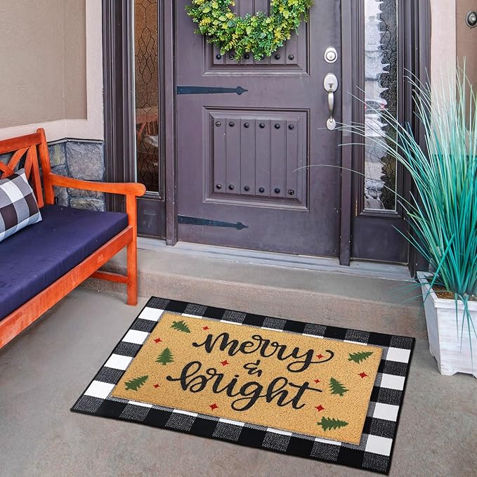 Tinideya 2 Pcs Christmas Welcome Door Mat Merry Bright Outdoor Welcome Mats for Front Door Non Slip Xmas Tree Coir Floor Mat Black White Check Christmas Rug for Outside Front Porch Entryway Decor