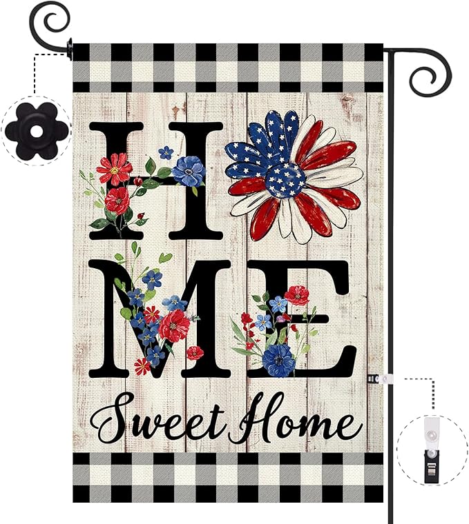 ORTIGIA 4th of July Patrioctic Garden Flag Burlap Vertical Double Sided Independence Day Memorial Day Home Sweet Home Sunflower Small Flag Home Yard Outside Outdoor Decor 12.5x18 Inch