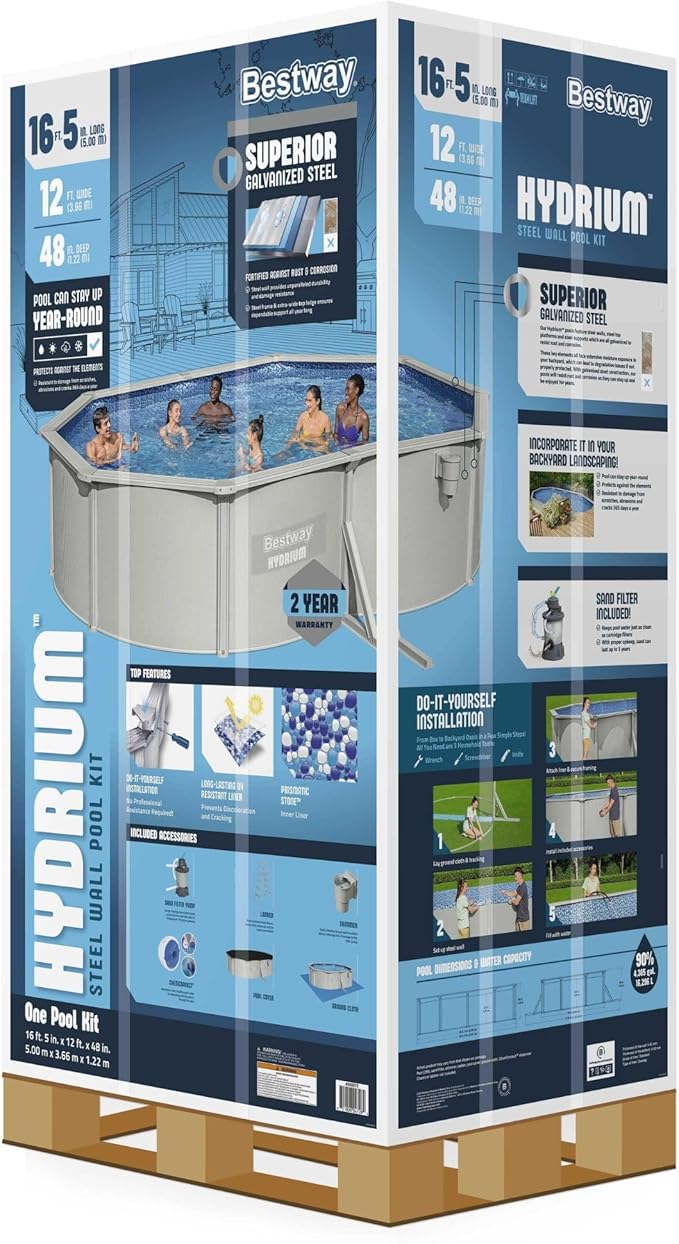 Bestway Hydrium 16’5” x 12' x 48" Above Ground Pool, Oval Steel Side Wall Frame Outdoor Swimming Pool Set with Sand Filter Pump, Ladder & Accessories