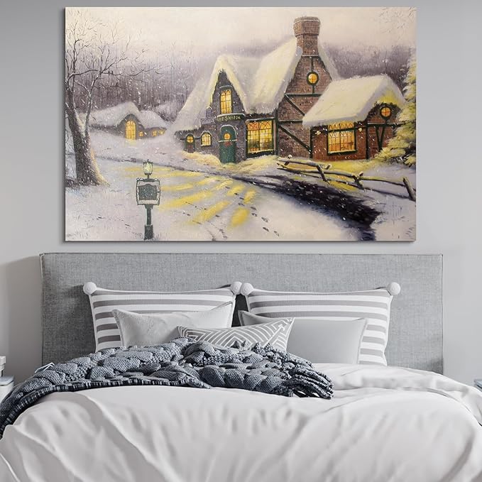 STUDIO HAVEN Thomas Kinkade Canvas Wall Art, Snowy Cottage Thatched Roof Glowing Windows Lantern Winter Serenity Cozy Oil Painting Poster Winter Wall Decor, Framed Prints for Home Decor, 16x12Inch