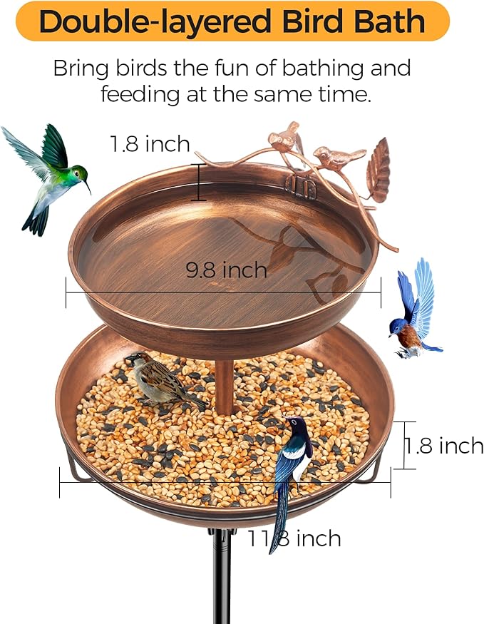 Bird Bath for Outside, Double 46In Metal Birdbaths for Outdoors,Bird Bath Feeder Bowls for Garden Patio Yard Decor, Upgraded 5-Pronged Metal Stake