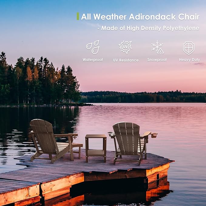 GREENVINES Adirondack-Chairs-with-Ottoman | Set of 6 | Wood Grain | Dark Brown | Folding | Retractable-Footrest | HDPE Plastic | All Weather Fire Pit Chair | Cup Holders | for Outdoor Poolside