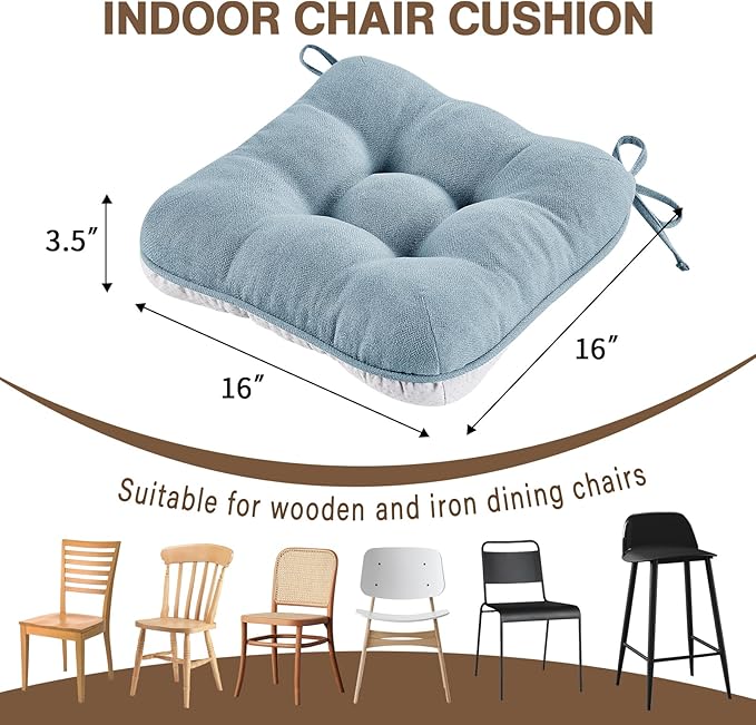 BETU Chair Cushions for Dining Chairs Set of 2,3.5" Thick Kitchen Table Chair Pads with Ties,Non Slip Backing and Covers, Seat Cushion for Dining Room,Bar,Patio Chairs,16"X16"X3.5",Smoky Blue