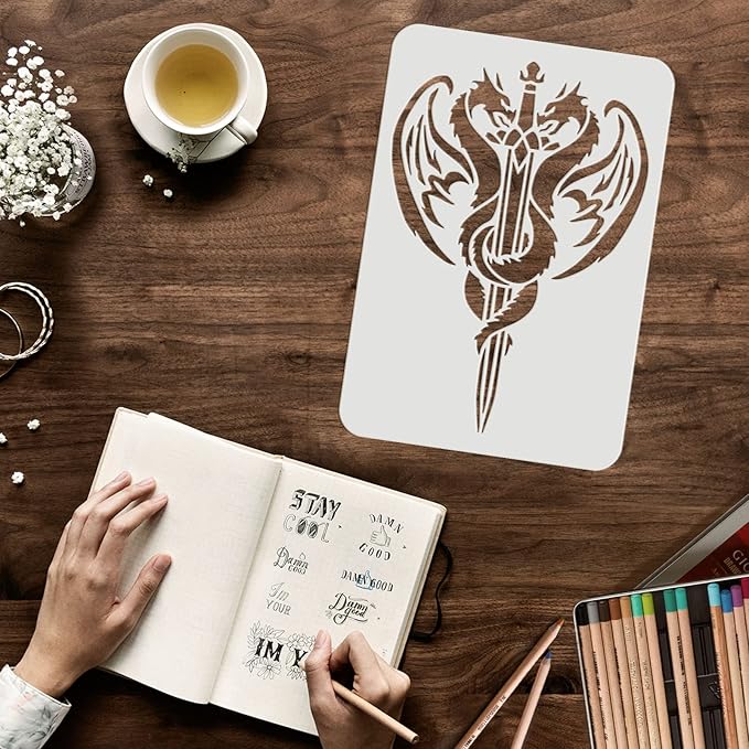 FINGERINSPIRE Dragon Plastic Stencil - 11.7x8.3 inch DIY Dragon Wing Pattern Reusable Stencil Templates for Wood, Floor, Wall