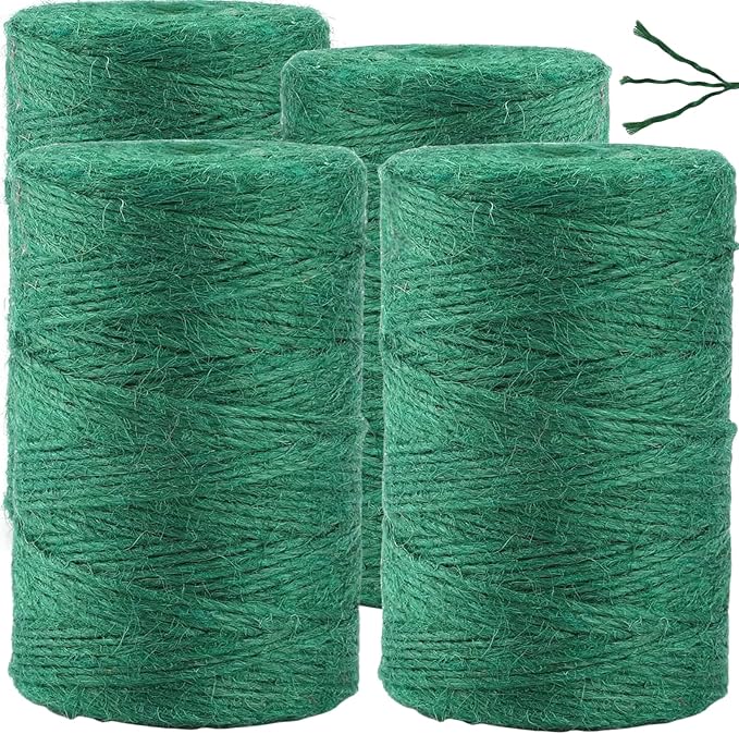 1312.336 Feet 2mm Green Jute Twine String - 3 Ply Natural Garden Twine for Plants, Crafts, Gift Wrapping, Packing - Heavy Duty Plant Ties for Tomatoes, Climbing Plants, DIY Projects, (4 Pack)