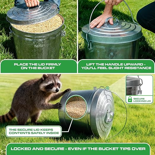 Plexon 10 Gallon Trash Can with Locking Lid Galvanized Metal Bucket for Poultry Feed Bird Seed Storage Ash Outside Garbage Can with Lid, 3 Pack