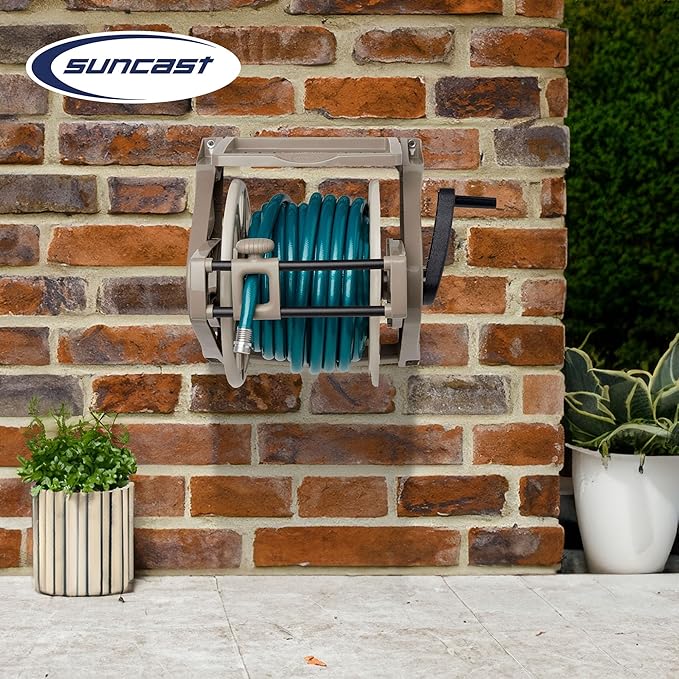 Suncast Hose Handler Wall-Mounted Reel for Outdoor Garden Storage, Light Taupe - Holds 175 ft of Standard 5/8" Vinyl Hoses, Resin Organizer with Slide Trak Guide and Accessory Tray.