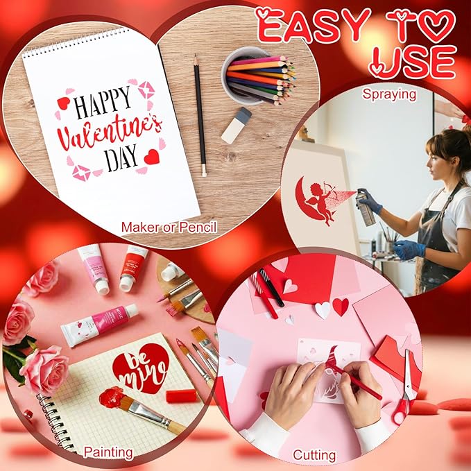 Marspark 66 Pcs Spring Easter Small Stencils for Crafts Reusable 3 Inch Stencils for Painting on Wood DIY Craft Paint Template for Wall Home Decor Card Rock Canvas Drawing Holiday (Valentine)